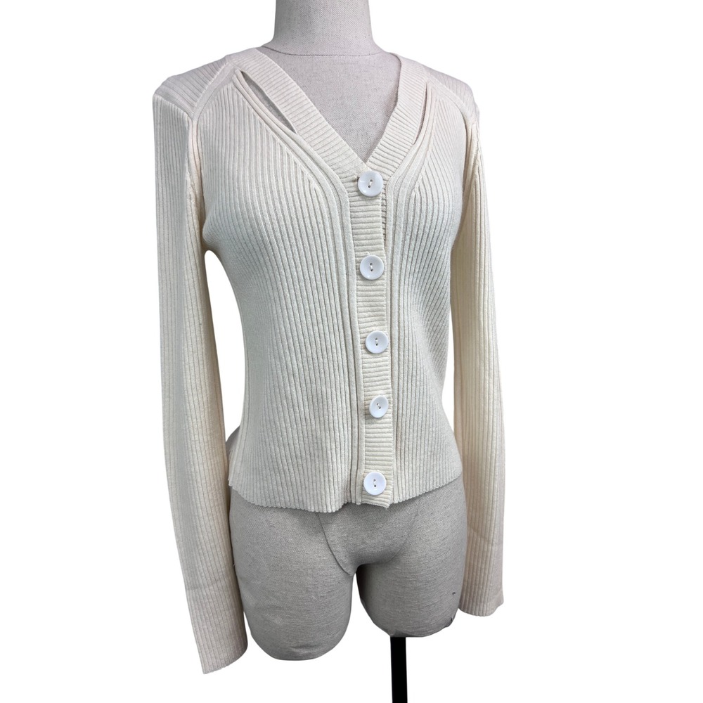 Lea & Viola Cardigan Sweater Womens M Off White NWT Wool Cashmere Cut Out Ribbed